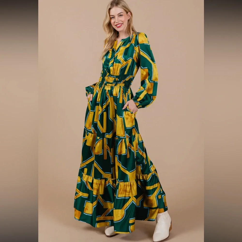 Boho Geometric Print Tiered Maxi Dress - Picture 4 of 6